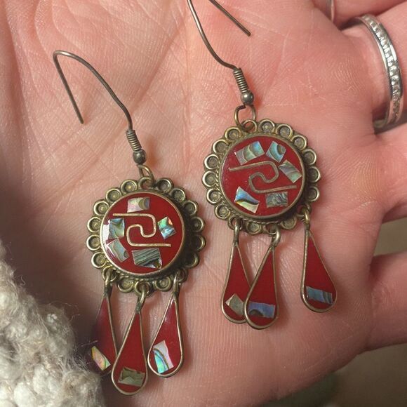 Vintage Signed ALPACA MEXICO Red Round w/Abalone Inlay Earrings Teardrop Dangles - Picture 2 of 10